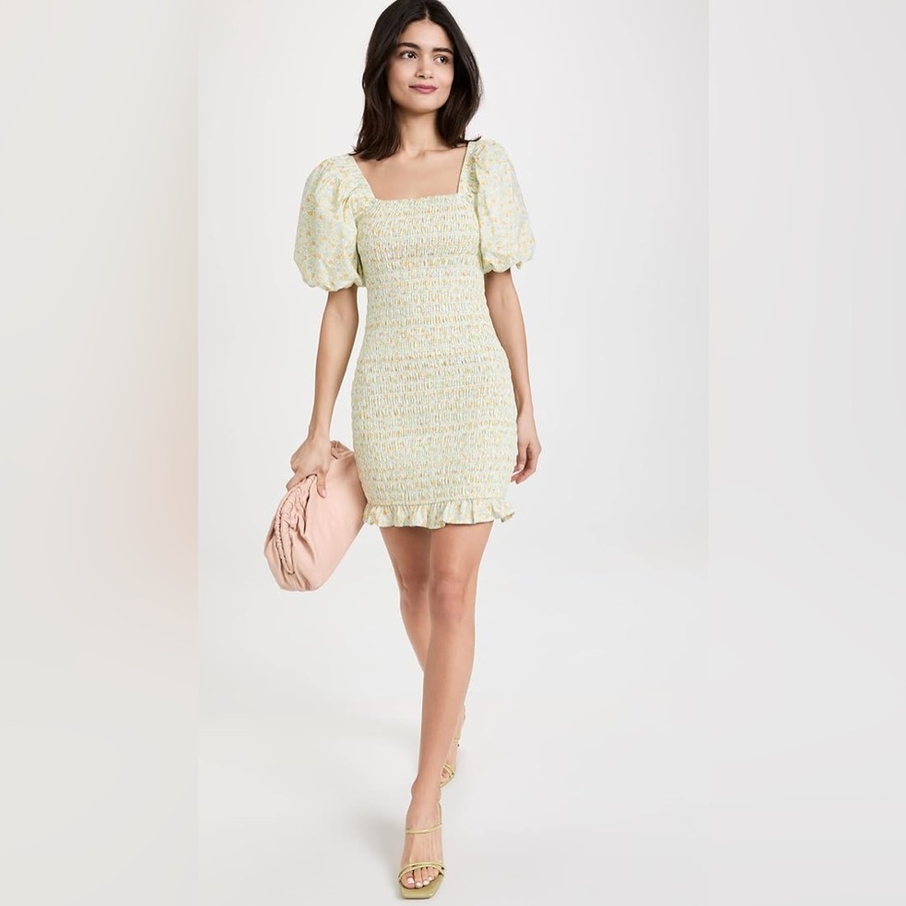 English Factory smocked floral puff sleeve bodycon mini dress